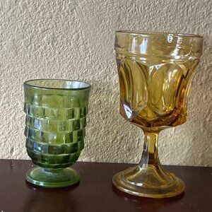 Vintage Amber Goblet & Green Juice Glass Set